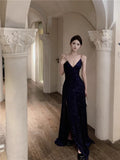 Evafashion Blue Spaghetti Strap A-Line V-Neck Sequined Long Prom Dress, Adult Ceremony Graduation Evening dress HZ1024