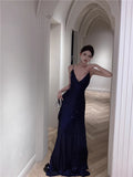 Evafashion Blue Spaghetti Strap A-Line V-Neck Sequined Long Prom Dress, Adult Ceremony Graduation Evening dress HZ1024