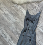 Ndyad Spaghetti Strap Sheath Chiffon Beaded Long Prom Dresses, Dark Gray Formal Evening Dresses HZ1024