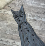 Ndyad Spaghetti Strap Sheath Chiffon Beaded Long Prom Dresses, Dark Gray Formal Evening Dresses HZ1024