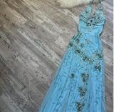 Ndyad V neck Sheath Chiffon Beaded Long Prom Dresses, Blue Backless Formal Evening Dresses HZ1024