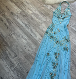 Ndyad V neck Sheath Chiffon Beaded Long Prom Dresses, Blue Backless Formal Evening Dresses HZ1024