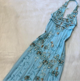 Ndyad V neck Sheath Chiffon Beaded Long Prom Dresses, Blue Backless Formal Evening Dresses HZ1024