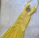 Ndyad Halter Mermaid Chiffon Satin Long Prom Dresses, Yellow Formal Evening Dresses HZ1024