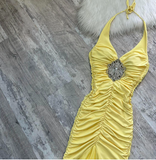 Ndyad Halter Mermaid Chiffon Satin Long Prom Dresses, Yellow Formal Evening Dresses HZ1024