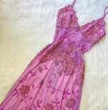 Ndyad Spaghetti Strap Sheath Chiffon Beaded Long Prom Dresses, Pink Formal Evening Dresses HZ1024