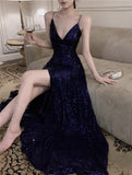 Evafashion Blue Spaghetti Strap A-Line V-Neck Sequined Long Prom Dress, Adult Ceremony Graduation Evening dress HZ1024