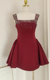 Ndyad Square Neck A-Line Satin Short Prom Dresses, Burgundy Homecoming Dresses, Sweet Birthday Dresses HZ1024