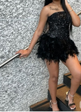 Ndyad Strapless Bodycon Short Prom Dresses, Black Homecoming Dresses, Sequined Birthday Dresses HZ1024