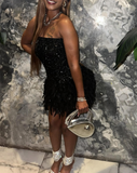Ndyad Strapless Bodycon Short Prom Dresses, Black Homecoming Dresses, Sequined Birthday Dresses HZ1024
