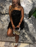 Ndyad Strapless Bodycon Short Prom Dresses, Black Homecoming Dresses, Sequined Birthday Dresses HZ1024