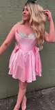 Ndyad Strapless A-Line Satin Short Prom Dresses, Pink Homecoming Dresses, Sweet Birthday Dresses HZ1024