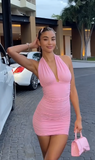 Ndyad V neck Bodycon Chiffon Short Prom Dresses, Pink Homecoming Dresses, Backless Birthday Dresses HZ1024