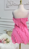 Ndyad Strapless Sheath Chiffon Short Prom Dresses, Pink Homecoming Dresses Birthday Dresses HZ1024