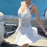 Ndyad Spaghetti Strap Sheath Chiffon Sequin Short Prom Dresses White Homecoming Dresses Sweet Birthday Dresses HZ1024