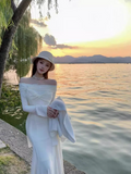 Evafashion style one-shoulder white long-sleeved knitted fishtail dress HZ1024