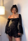 Ndyad Square Neck Sheath Chiffon Short Prom Dresses Black Homecoming Dresses Long Sleeve Birthday Dresses HZ1024