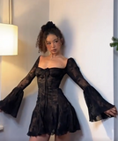Ndyad Square Neck Sheath Chiffon Short Prom Dresses Black Homecoming Dresses Long Sleeve Birthday Dresses HZ1024