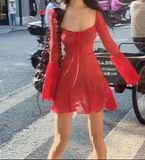 Ndyad Square Neck Sheath Chiffon Short Prom Dresses Black Homecoming Dresses Long Sleeve Birthday Dresses HZ1024