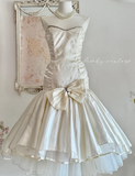 Ndyad Strapless Ball Gown Satin Short Prom Dresses White Homecoming Dresses Birthday Dresses HZ1024
