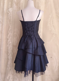 Ndyad Spaghetti Straps A-line Satin Short Prom Dresses,Navy Blue Homecoming Dresses 18th Birthday Dresses HZ1024