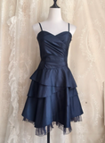 Ndyad Spaghetti Straps A-line Satin Short Prom Dresses,Navy Blue Homecoming Dresses 18th Birthday Dresses HZ1024