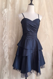 Ndyad Spaghetti Straps A-line Satin Short Prom Dresses,Navy Blue Homecoming Dresses 18th Birthday Dresses HZ1024