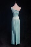 Ndyad One Shoulder Sheath Satin Prom Dresses, Sky Blue Formal Dresses HZ1024