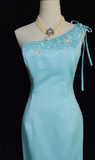Ndyad One Shoulder Sheath Satin Prom Dresses, Sky Blue Formal Dresses HZ1024