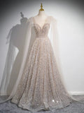 Evafashion Scoop Neckline Tulle Champagne Long Prom Dress, Champagne Sequin Evening Dress HZ1024