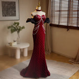 Evafashion Sweetheart Neck Velvet Beads Long Prom Dress Burgundy Wedding Guest Dress Pretty Birthday Dress HZ1024