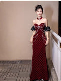 Evafashion Sweetheart Neck Velvet Beads Long Prom Dress Burgundy Wedding Guest Dress Pretty Birthday Dress HZ1024