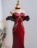 Evafashion Sweetheart Neck Velvet Beads Long Prom Dress Burgundy Wedding Guest Dress Pretty Birthday Dress HZ1024