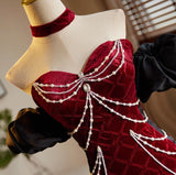 Evafashion Sweetheart Neck Velvet Beads Long Prom Dress Burgundy Wedding Guest Dress Pretty Birthday Dress HZ1024