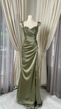 Ndyad V-neck Sheath Satin Prom Dresses, Oliver Green Formal Evening Dresses HZ1024