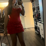 Ndyad Bodycon Satin Short Prom Dresses, Red Homecoming Dresses Strapless Birthday Dresses HZ1024