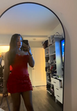 Ndyad Bodycon Satin Short Prom Dresses, Red Homecoming Dresses Strapless Birthday Dresses HZ1024