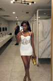 Ndyad Bodycon Lace Short Prom Dresses, White Homecoming Dresses, Halter Birthday Dresses HZ1024