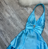 Ndyad Halter A-Line Satin Short Prom Dresses, Open Back Birthday Dresses, Blue Homecoming Dresses HZ1024