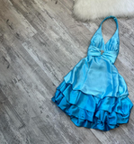 Ndyad Halter A-Line Satin Short Prom Dresses, Open Back Birthday Dresses, Blue Homecoming Dresses HZ1024