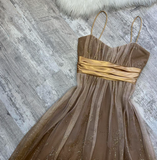 Ndyad A-line Tulle Short Prom Dresses, Brown Homecoming Dresses, Spaghetti Strap Birthday Dresses HZ1024