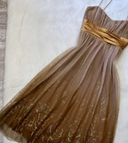Ndyad A-line Tulle Short Prom Dresses, Brown Homecoming Dresses, Spaghetti Strap Birthday Dresses HZ1024