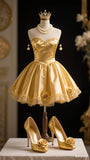 Ndyad A-line Satin Short Prom Dresses, Gold Homecoming Dresses, Strapless Birthday Dresses HZ1024