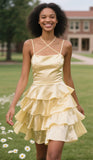 Ndyad Spaghetti Strap Sheath Satin Short Prom Dresses, Yellow Homecoming Dresses HZ1024