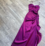Ndyad Spaghetti Straps Sheath Satin Long Prom Dresses, Purple Formal Dresses HZ1024