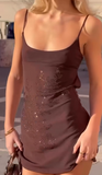 Ndyad Sheath Chiffon Short Prom Dresses, Chocolate Homecoming Dresses, Spaghetti Strap Birthday Dresses HZ1024