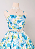 Ndyad Spaghetti Strap A-line Blue Homecoming Dress Floral Birthday Dresses HZ1024