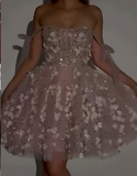 Ndyad Off-the-shoulder A-Line Tulle Applique Short Prom Dresses, Pale Pink Homecoming Dresses HZ1024