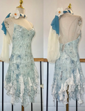 Ndyad Spaghetti Strap Sheath Beaded Chiffon Short Prom Dresses, Blue Backless Homecoming Dresses HZ1024