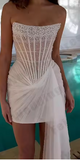 Ndyad Strapless Bodycon Beaded Tulle Short Prom Dresses, White Homecoming Dresses HZ1024